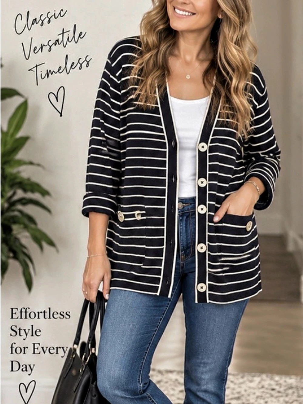 36” ptp 42Striped Button-Front Cardigan Black & White Like New